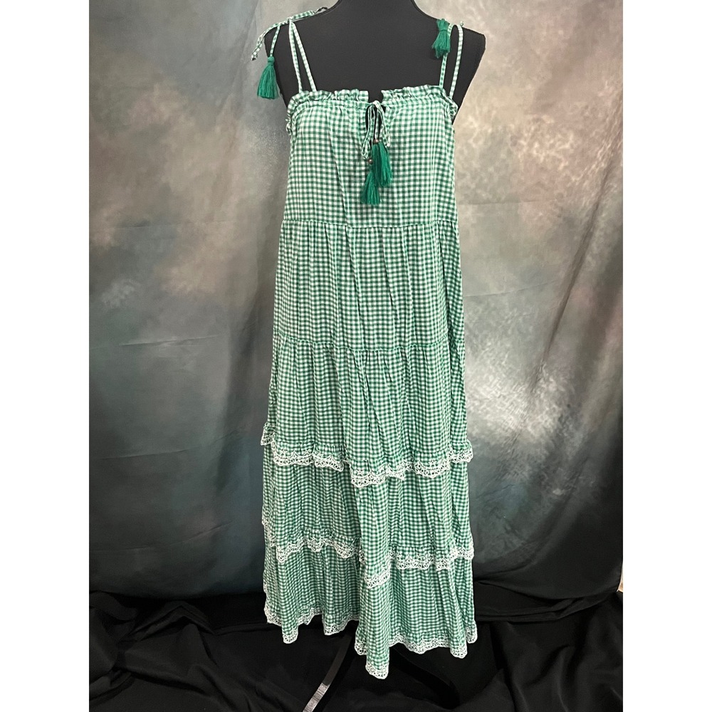 J.Crew Green Gingham Tiered Cotton Midi Dress Lace Trim Tassels Womens Large